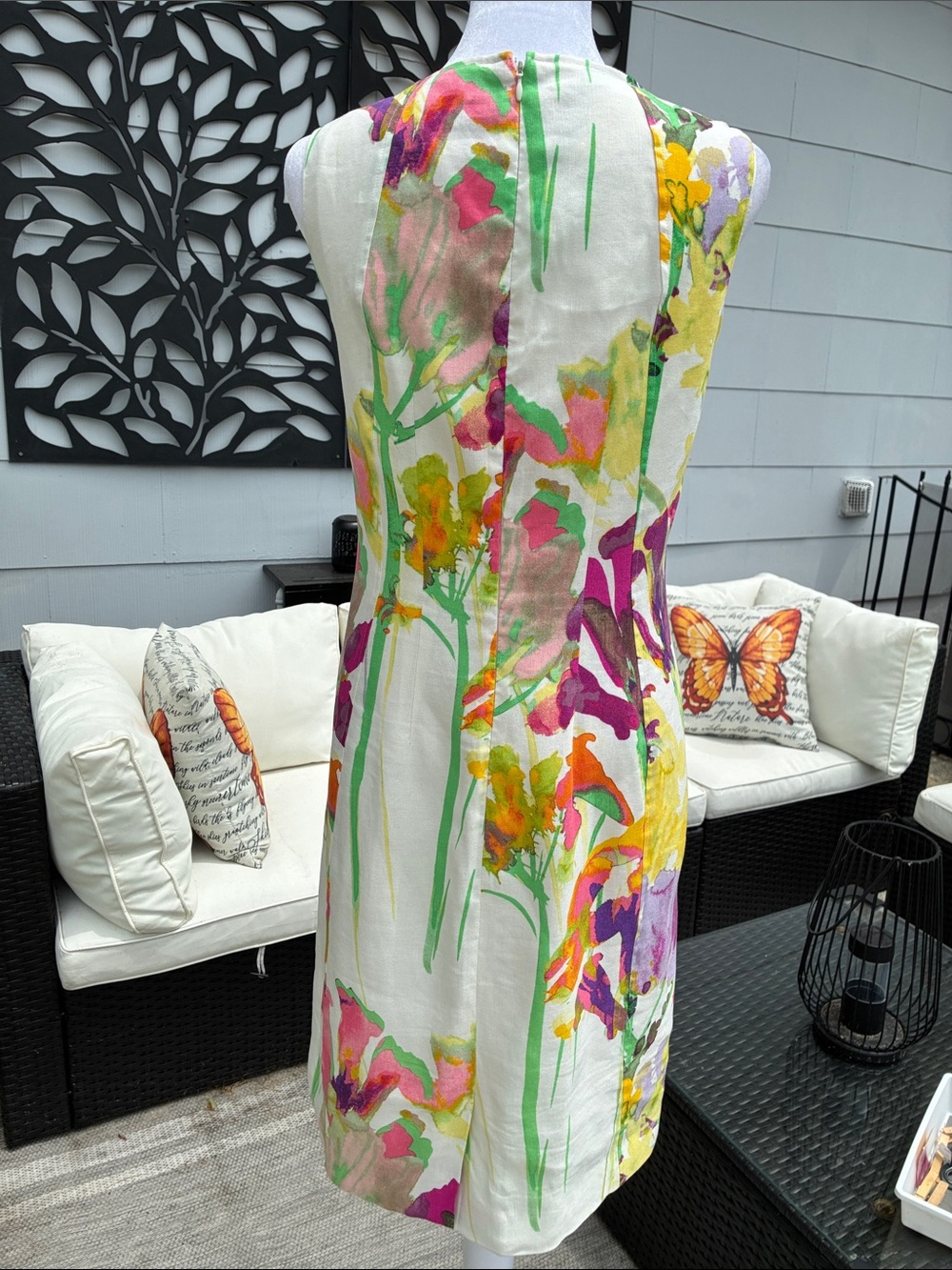 Calvin Klein Sleeveless Linen Blend Dress, Ivory w/ Multi-Color Floral Design 10 - Picture 6 of 12